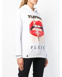 weißer bedruckter Pullover mit einer Kapuze von Philipp Plein