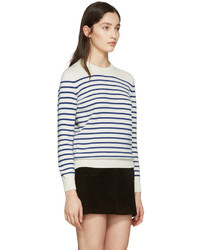 weißer horizontal gestreifter Pullover mit einem Rundhalsausschnitt von Saint Laurent