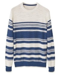 weißer horizontal gestreifter Pullover mit einem Rundhalsausschnitt von Mango
