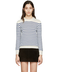 weißer horizontal gestreifter Pullover mit einem Rundhalsausschnitt von Saint Laurent