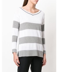 weißer horizontal gestreifter Pullover mit einem V-Ausschnitt von D-Exterior