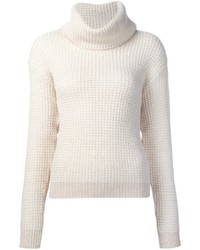 weißer klobiger Wollrollkragenpullover