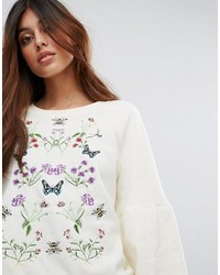 weißer Pullover mit einem Rundhalsausschnitt mit Blumenmuster von Vero Moda
