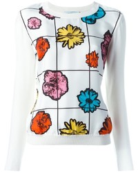 weißer Pullover mit einem Rundhalsausschnitt mit Blumenmuster von Moschino