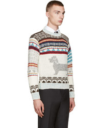 weißer Pullover mit einem Rundhalsausschnitt mit Norwegermuster von Thom Browne