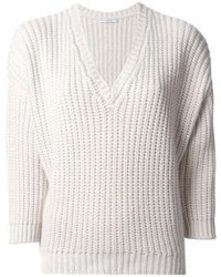 weißer Pullover mit einem V-Ausschnitt von Brunello Cucinelli
