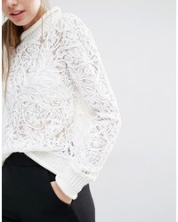 weißer Spitze Pullover mit einem Rundhalsausschnitt von Suncoo