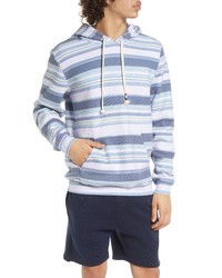 weißer und blauer horizontal gestreifter Pullover mit einem Kapuze