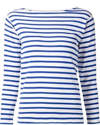 weißer und blauer horizontal gestreifter Pullover mit einem Rundhalsausschnitt