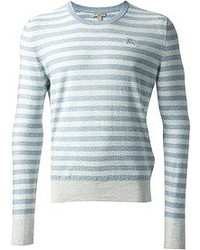 weißer und blauer horizontal gestreifter Pullover mit einem Rundhalsausschnitt von Burberry