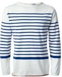 weißer und blauer horizontal gestreifter Pullover mit einem Rundhalsausschnitt von Comme des Garcons