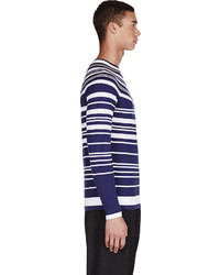 weißer und blauer horizontal gestreifter Pullover mit einem Rundhalsausschnitt von Neil Barrett