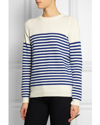 weißer und blauer horizontal gestreifter Pullover mit einem Rundhalsausschnitt von Chinti and Parker