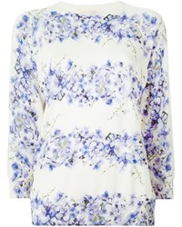 weißer und blauer Pullover mit einem Rundhalsausschnitt mit Blumenmuster von Giambattista Valli