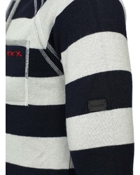 weißer und dunkelblauer horizontal gestreifter Pullover mit einem Kapuze von Key Largo