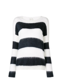 weißer und dunkelblauer horizontal gestreifter Pullover mit einem Rundhalsausschnitt von Alysi