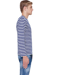weißer und dunkelblauer horizontal gestreifter Pullover mit einem Rundhalsausschnitt von Comme des Garcons