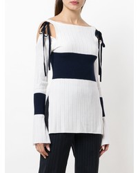 weißer und dunkelblauer horizontal gestreifter Pullover mit einem Rundhalsausschnitt von Eudon Choi