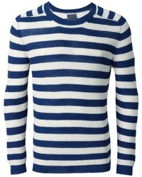 weißer und dunkelblauer horizontal gestreifter Pullover mit einem Rundhalsausschnitt von Laneus