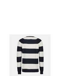weißer und dunkelblauer horizontal gestreifter Pullover mit einem Rundhalsausschnitt von LERROS