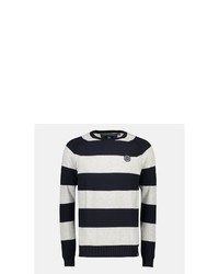 weißer und dunkelblauer horizontal gestreifter Pullover mit einem Rundhalsausschnitt von LERROS
