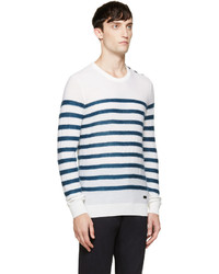 weißer und dunkelblauer horizontal gestreifter Pullover mit einem Rundhalsausschnitt von Burberry