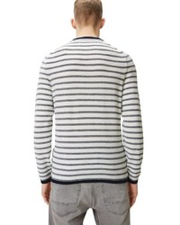 weißer und dunkelblauer horizontal gestreifter Pullover mit einem Rundhalsausschnitt von Marc O'Polo Denim