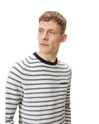 weißer und dunkelblauer horizontal gestreifter Pullover mit einem Rundhalsausschnitt von Marc O'Polo Denim