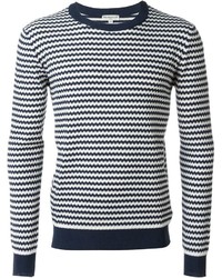 weißer und dunkelblauer horizontal gestreifter Pullover mit einem Rundhalsausschnitt von Melindagloss