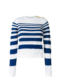 weißer und dunkelblauer horizontal gestreifter Pullover mit einem Rundhalsausschnitt von Pinko