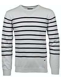 weißer und dunkelblauer horizontal gestreifter Pullover mit einem Rundhalsausschnitt von RAGMAN