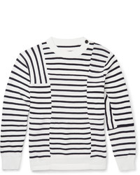 weißer und dunkelblauer horizontal gestreifter Pullover mit einem Rundhalsausschnitt von Sacai