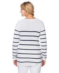 weißer und dunkelblauer horizontal gestreifter Pullover mit einem Rundhalsausschnitt von SHEEGO CASUAL