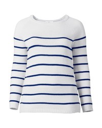 weißer und dunkelblauer horizontal gestreifter Pullover mit einem Rundhalsausschnitt von SHEEGO CASUAL