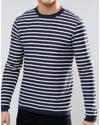 weißer und dunkelblauer horizontal gestreifter Pullover mit einem Rundhalsausschnitt von Esprit
