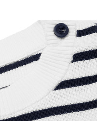 weißer und dunkelblauer horizontal gestreifter Pullover mit einem Rundhalsausschnitt von Sacai