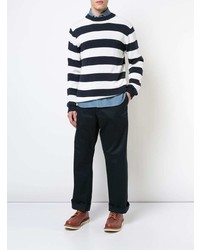 weißer und dunkelblauer horizontal gestreifter Pullover mit einem Rundhalsausschnitt von Junya Watanabe MAN
