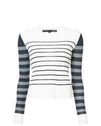weißer und dunkelblauer horizontal gestreifter Pullover mit einem Rundhalsausschnitt von Veronica Beard