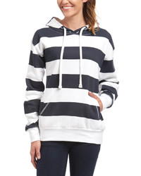 weißer und dunkelblauer horizontal gestreifter Pullover mit einer Kapuze