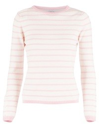 weißer und rosa horizontal gestreifter Pullover mit einem Rundhalsausschnitt