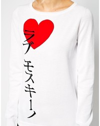 weißer und roter bedruckter Pullover mit einem Rundhalsausschnitt von Love Moschino