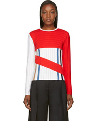 weißer und roter horizontal gestreifter Pullover mit einem Rundhalsausschnitt von J.W.Anderson