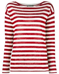 weißer und roter horizontal gestreifter Pullover mit einem Rundhalsausschnitt von Loro Piana