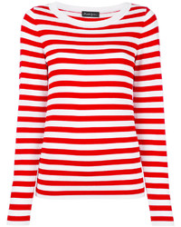weißer und roter horizontal gestreifter Pullover mit einem Rundhalsausschnitt