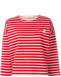 weißer und roter horizontal gestreifter Pullover mit einem Rundhalsausschnitt