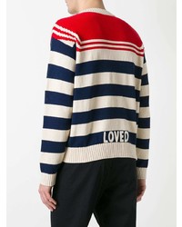 weißer und roter und dunkelblauer horizontal gestreifter Pullover mit einem Rundhalsausschnitt von Gucci
