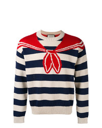 weißer und roter und dunkelblauer horizontal gestreifter Pullover mit einem Rundhalsausschnitt von Gucci