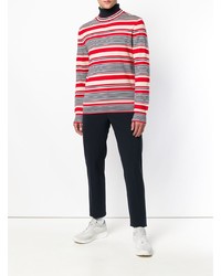 weißer und roter und dunkelblauer horizontal gestreifter Pullover mit einem Rundhalsausschnitt von A.P.C.