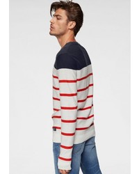 weißer und roter und dunkelblauer horizontal gestreifter Pullover mit einem Rundhalsausschnitt von Jack & Jones