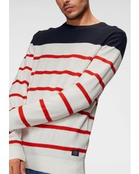 weißer und roter und dunkelblauer horizontal gestreifter Pullover mit einem Rundhalsausschnitt von Jack & Jones